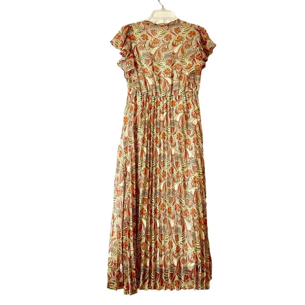 TheKorner Floral Midi Dress fully lined color rust size S vneck cap sleeve - Picture 2 of 10